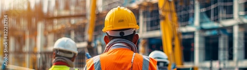 Ensuring Safety Compliance: Construction Site Workers in Hard Hats and Safety Vests Following Protocols