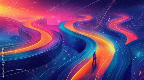 A colorful illustration demonstrating the twists and turns of delivering on a product roadmap, big tech illustration 