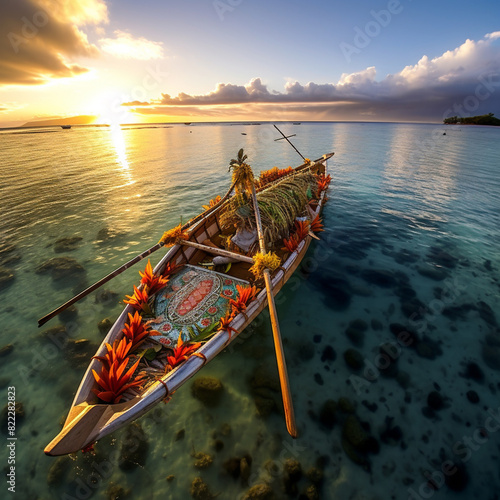 A traditional Polynesian outrigger canoe, tropical, paradise, South Pacific, GoPro Hero 7, Top view, fisheye lens, Lily Wilson, Tropical style, Golden sunset, Coral reef.
