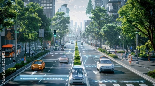 city ​​of the ecological future with innovative cars and clean streets full of green trees and tall buildings in high resolution and high quality