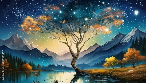  perfect masterpiece. lake oak tree soft watercolors painting illustration high gothic Vincent van Gogh starry night sky raining shooting stars glitter sky twinkling stars glistening .