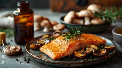 vitamin d supplements paired with fish and mushrooms promoting natural sources of this essential nutrient perfect for a healthy diet