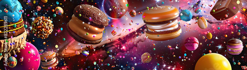 A digital collage of various chocolate desserts floating in a galaxy of stars and planets, Psychedelic, Bright colors, High detail