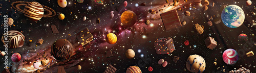 A digital collage of various chocolate desserts floating in a galaxy of stars and planets, Psychedelic, Bright colors, High detail