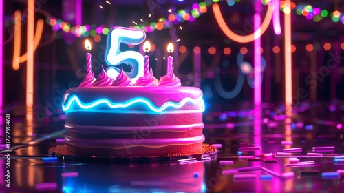 Neon Themed 5th Birthday Cake with Glowing Icing and Neon Lights, Perfect for Trendy Party Invitations and Banners