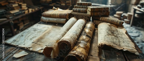 Aged scrolls and old books on a wooden table in a dimly lit room, capturing a sense of ancient knowledge and history.