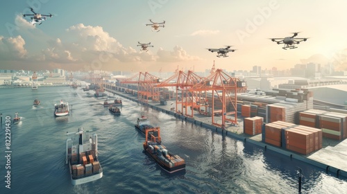 Futuristic Logistics Hub with Automated Cranes and Drones Handling Cargo - Envisioning the Future of Global Trade