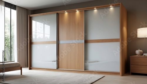Wooden wardrobe with glass sliding doors in minimalist style interior design of modern bedroom created with generative ai 