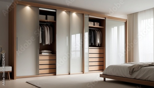 Wooden wardrobe with glass sliding doors in minimalist style interior design of modern bedroom created with generative ai 