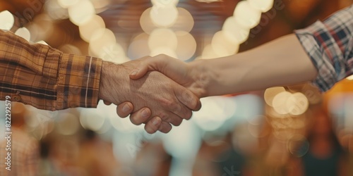 Businesspeople shaking hands, job interview, HR meeting, or partnership or opportunity. Bokeh professional clients handshake for recruitment, HR hiring, and introduction.