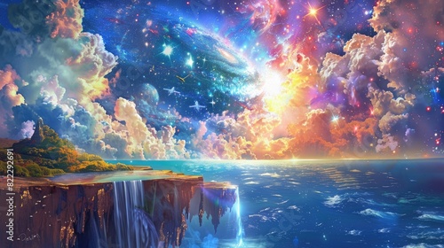 osmos Galaxy Starscape with Celestial Waterfall and Nebula Universe Horizon