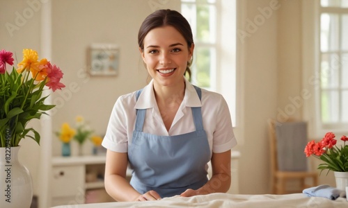 Joyful housekeeper wearing a crisp uniform and a bright smile 