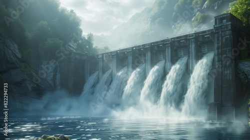 A vivid CG 3D rendering of a sprawling hydroelectric dam