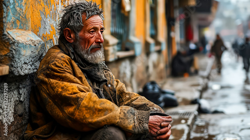 A portrait of a homeless man sitting on a wet street, highlighting the struggle and resilience of those facing homelessness, urging for empathy and assistance.