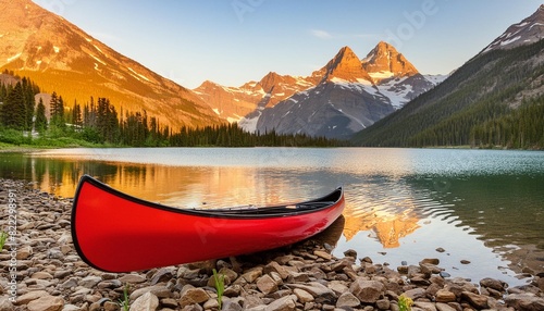 tall mountain lake with red canoe, snow mountains in background 