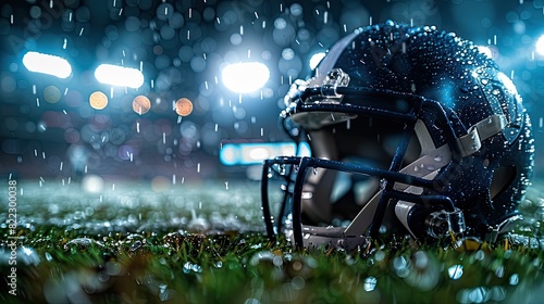 A close-up of a water drop-decorated American football helmet in the midst of a play on a cricket pitch, under the glare of floodlights, with visible rain and dirt highlighting the movement and energy