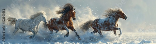 Wild horses running in the snow, freedom embodied