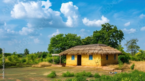 Indian village photography of yellow thatched roof house in verdant landscape under clear blue sky