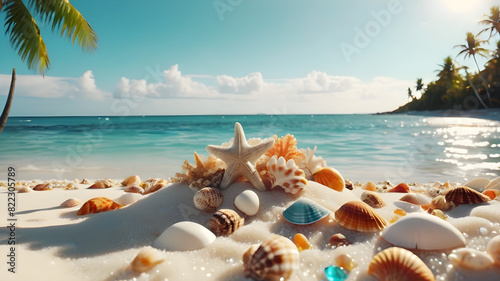 Seashells in various shapes and sizes litter the sandy shore bathed in warm summer sun