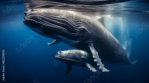 Blue whale with a baby under the sea