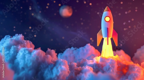 A paper rocket ship blasting off into a starry night sky-like backdrop