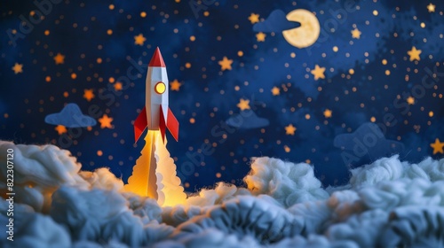 A paper rocket ship blasting off into a starry night sky-like backdrop