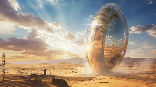 A portal in the shape pf bean the middle of desert UHD wallpaper