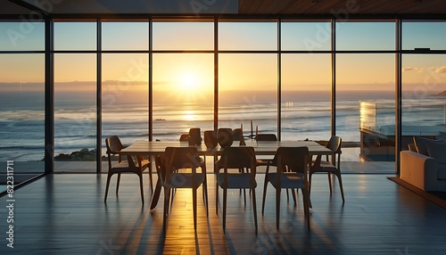 Sash windows in a modern dining room with an ocean view at sunset in a Cape Town beach house interior design