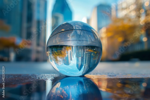 A clear crystal ball offers a sharp, inverted reflection of a cityscape against a backdrop of blue skies