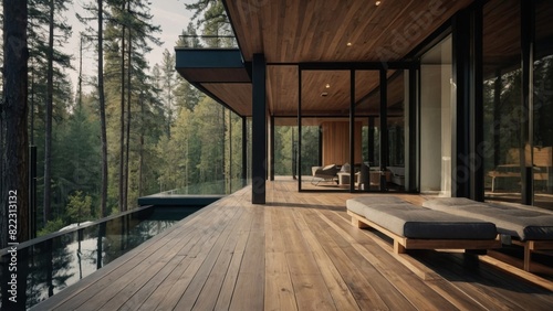modern minimalist wooden villa with beautiful forest view