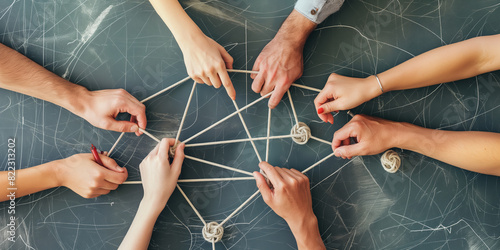 A group of people engage in a string game, creating a web of interconnected loops with their hands