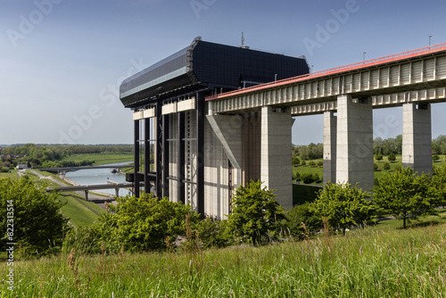 The Strépy-Thieu boat lift (L'ascenseur funiculaire de Strépy-Thieu) from behind connected to the aqueducts from Canal du Centre near Mons, Belgium.