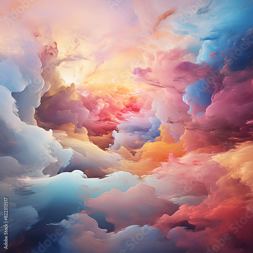A serene painting depicting clouds, water, and sky
