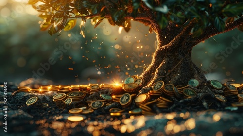 Golden coins scattered beneath a tree symbolizing wealth and prosperity in a serene natural setting with sun rays shining through leaves.