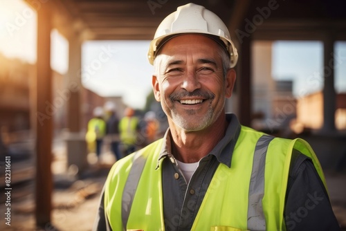 Professional construction worker wearing hat and safety suit at construction building site