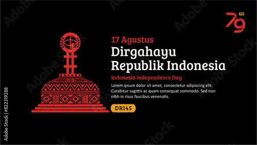 Indonesia Independence Day Banner. Hand-Drawn Equator monument with Trendy Stamp. 17 Agustus Celebration