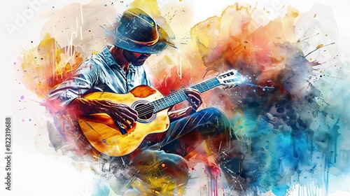 artistic watercolor illustration of a musician passionately playing an acoustic guitar with colorful abstract background