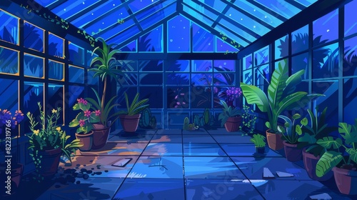Cartoon modern illustration of greenhouse interior at night with potted plants. An empty garden, a large dark orangery with glass walls, windows, roof, and stone floor, a place for growing flowers.