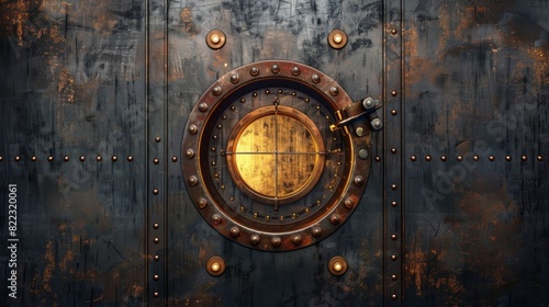 An old metal door with a porthole, rusty submarine or bunker entrance with an illuminator and rotary valve lock wheel.