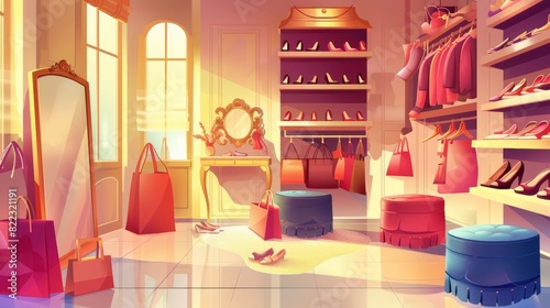 A woman's shoes store with shelves displaying women's shoes. Modern illustration of a luxury shop filled with racks of shoes, poufs, mirrors, shopping bags and boxes on a counter.