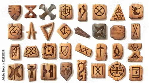 An esoteric occult sign set, nordic ancient alphabet, celtic futark symbols engraved on wooden pieces. Esoteric occult signs, mystic UI elements, isolated modern illustration, icons.