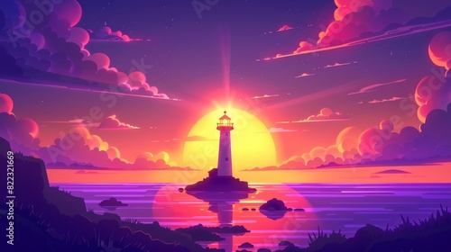 A lighthouse at sunset in a beautiful seascape at dusk with a cloudy sky. Separated layers for 2D animation.