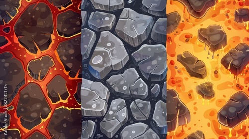 Game background textures with stone, sand, and lava. Modern cartoon seamless patterns of cobblestones on the floor, sand on the ground, and liquid magma on the land.