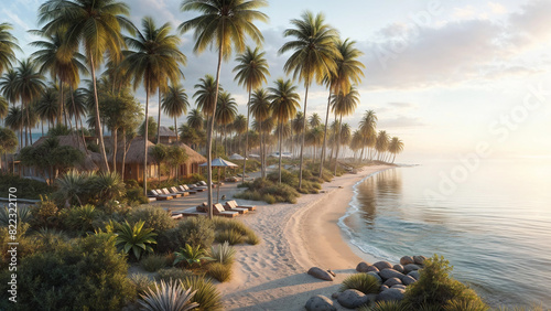 A beach with palm trees, lounge chairs, a small building, and the ocean