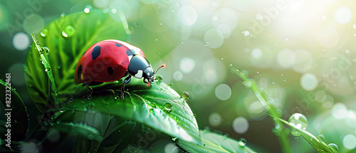 very beautiful ladybug glowing red, very focused macro photo, on a green leaf in a cool forest, white background widescreen , Generate AI
