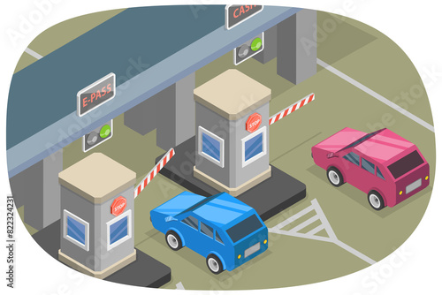 3D Isometric Flat Illustration of Checkpoint With Barriers, Highway Toll