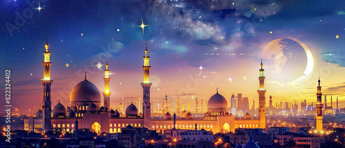 Welcoming Ramadan, golden dome mosque in the background widescreen , Generate AI