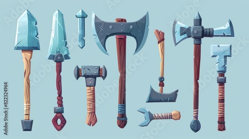 Old viking or knight weapon and miner tools isolated on background, modern cartoon illustration.
