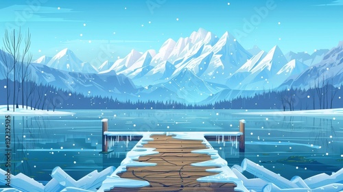 Winter lake with ice, wood pier and mountains in the distance. Landscape with frozen river water, snow on wooden embankment, and white rocks in the distance. Modern cartoon illustration.