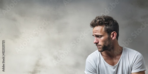Silver background sad european white man realistic person portrait of young beautiful bad mood expression man Isolated on Background depression anxiety fear 